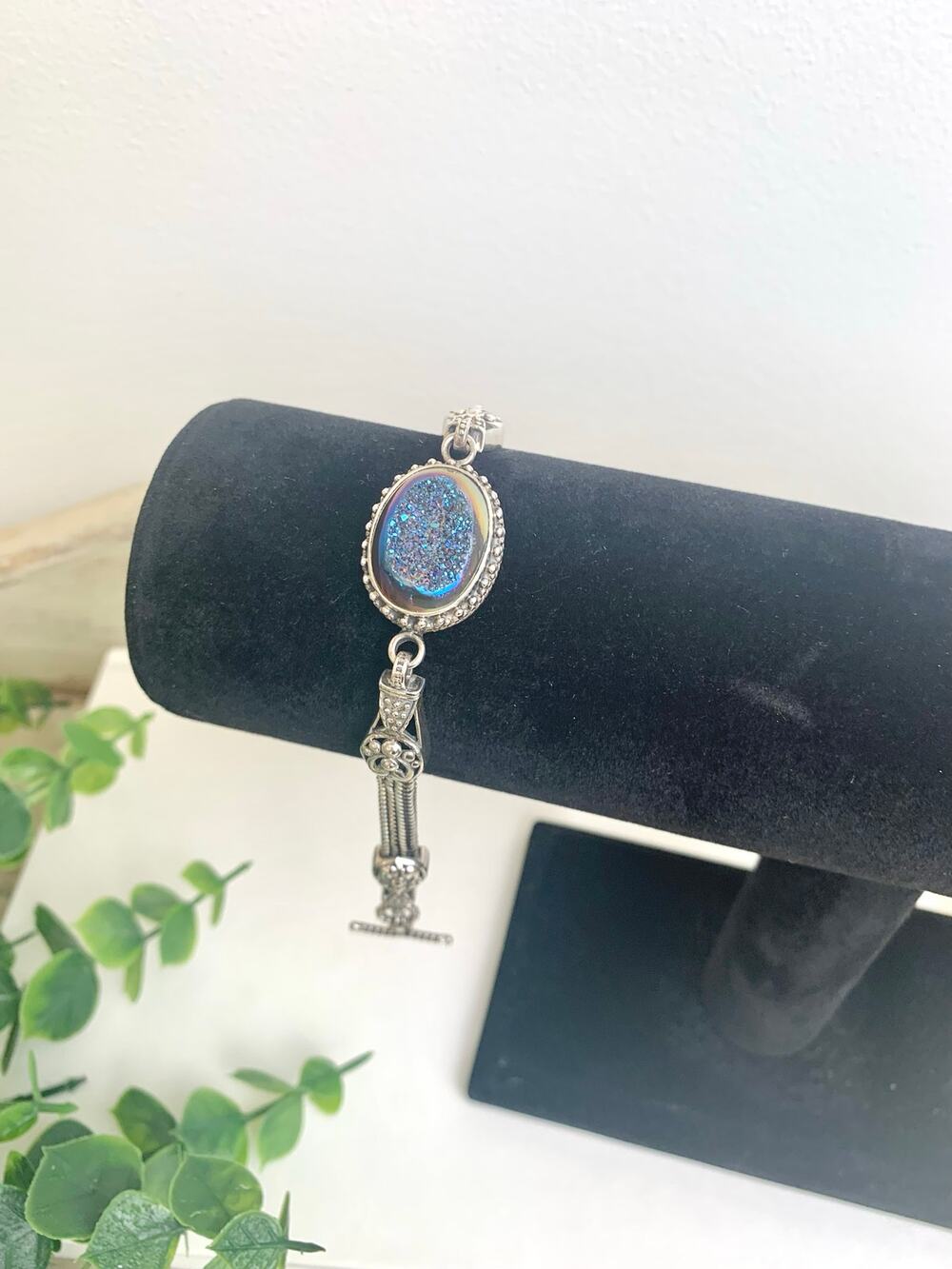 Vintage Sterling Silver Druzy Quartz Bracelet Blue Iridescent 925 Jewelry